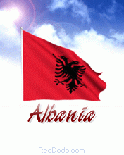 realistic-animated-waving-albania-flag-in-sky-with-sun-and-cloud