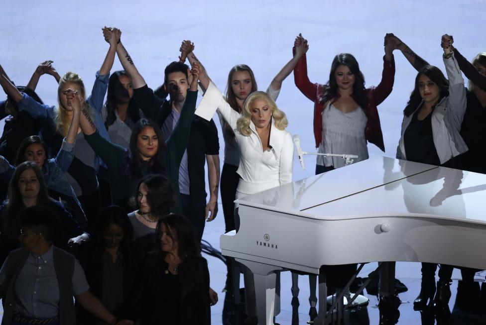 Lady Gaga sings her Oscar-nominated song "Til It Happens to You" at the 88th Academy Awards in Hollywood