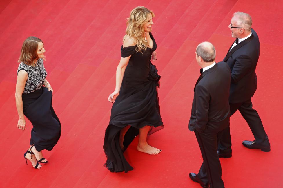 Director Foster and cast members Roberts are welcomed by Cannes Film festival president Lescure and general delegate Fremaux while arriving on the red carpet for the screening of the film "Money Monster" during the 69th Cannes Film Festival in Cannes