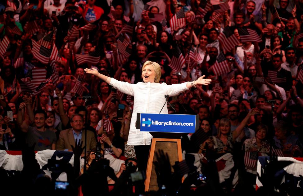 Democratic U.S. presidential candidate Hillary Clinton arrives to speak during her California primary night rally held in Brooklyn