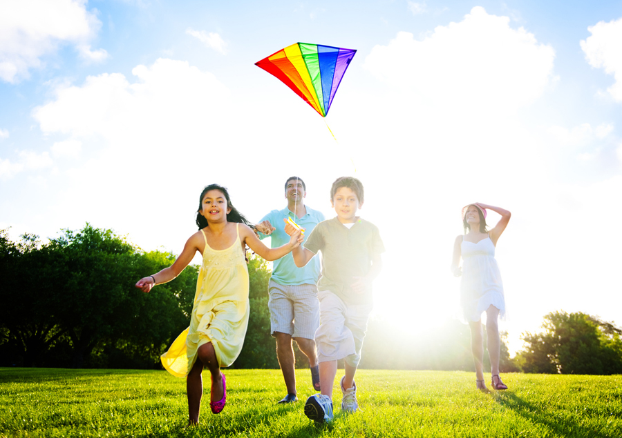 Family playing kite outdoors.