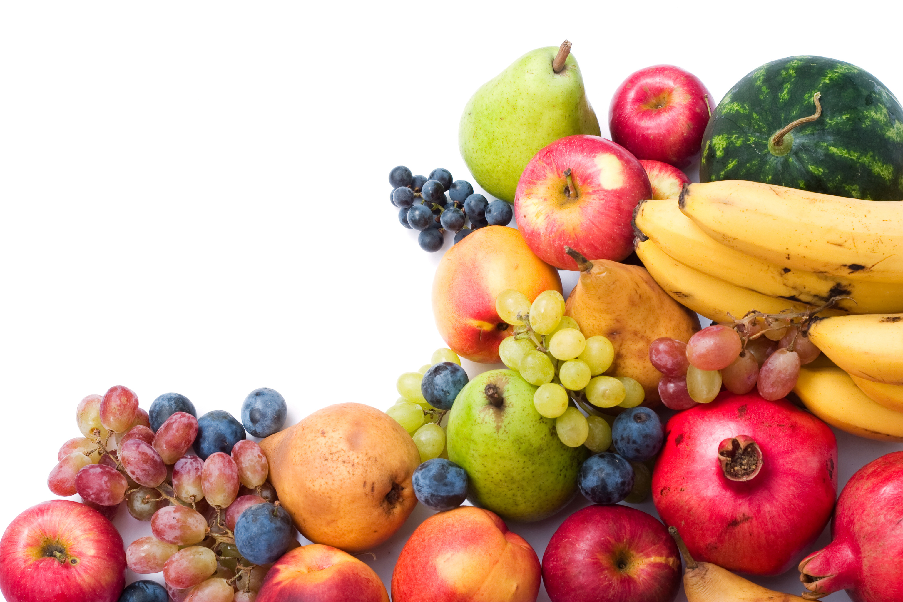 lots of fresh and ripe fruits on white background with copy space