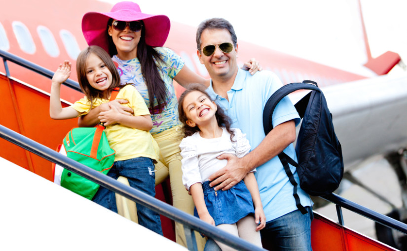 Family going on a trip traveling by airplane