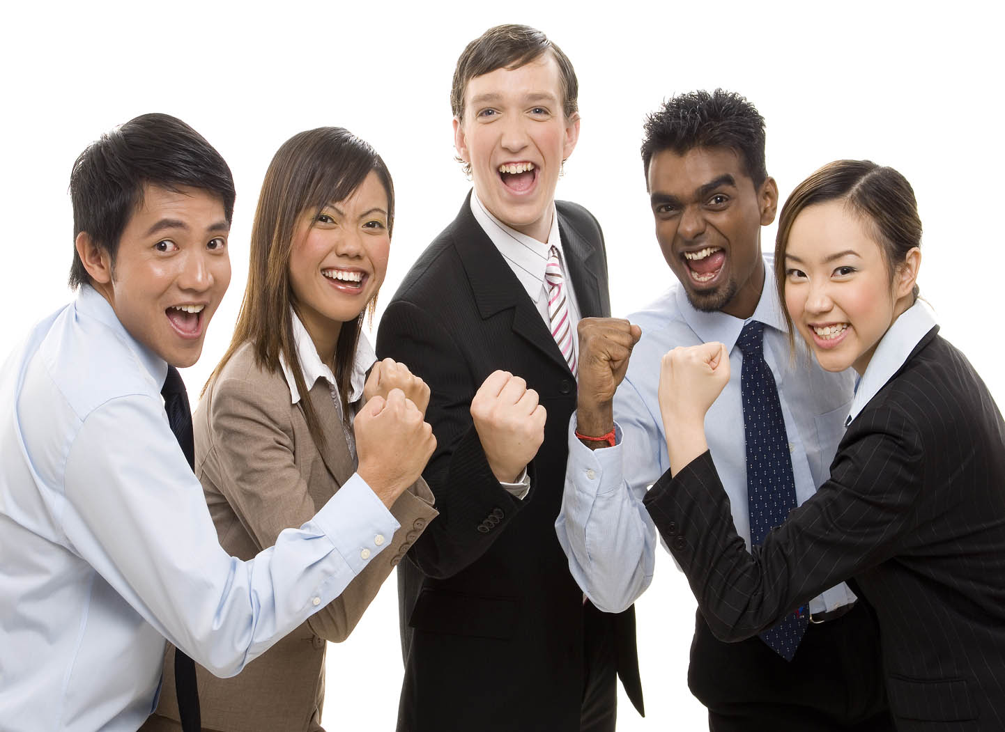 A group of business people celebrate their team success