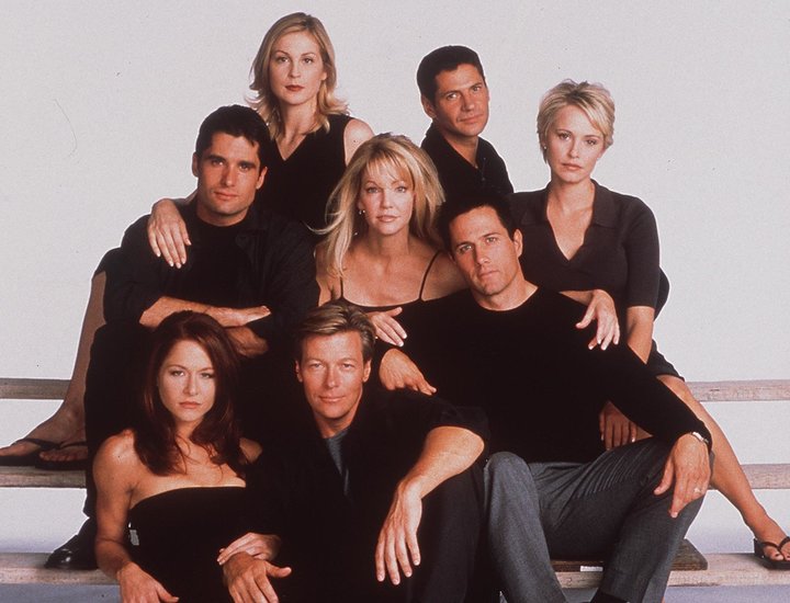 1998 The 7Th Year Of Melrose Place. (L To R) John Haynnes Newton, Kelly Rutherford, Rob Estes, Heather Locklear, Jack Wagner, Jamie Luner, Josie Bisset, Michael Calabro. (Photo By Getty Images)